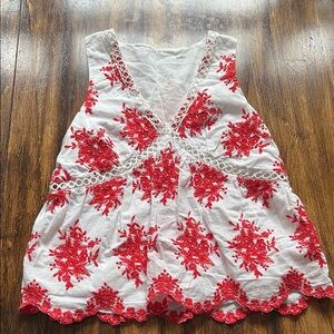 Embroidered Sleeveless Top - Red and White
